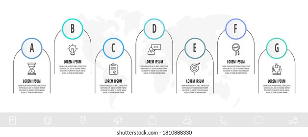 círculos de infografía con 7 pasos, etiquetas. Plantilla de vector de línea. Se puede utilizar para diagrama, negocio, web, banner, diseño de flujo de trabajo, presentaciones, diagrama de flujo, gráfico de información, línea de tiempo, contenido, niveles.