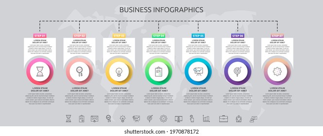 Infographics circles with 7 steps, squares. Vector template used for diagram, business, web, banner, workflow layout, presentations, timeline, content, levels, chart, processes diagram