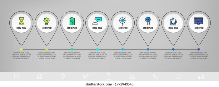 Infografiken kreisen mit 8 Schritten, Symbolen. Flatline-Vektorvorlage. Kann für acht Diagramme, Business, Web, Banner, Workflow-Layout, Präsentationen, Flussdiagramm, Info-Graphen, Zeitstrahl, Inhalt verwendet werden