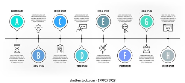 Infographics circles with 8 steps, icons. Flat line vector template. Can be used for eight diagrams, business, web, banner, workflow layout, presentations, flowchart, info graph, timeline, content