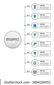 Infographics circles with 8 steps, icons. Flat line vector template. Can be used for eight diagrams, business, web, banner, workflow layout, presentations, flowchart, info graph, timeline, content