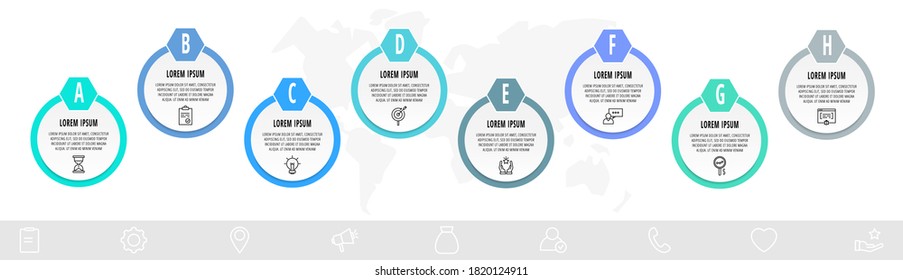 Infographics circles with 8 steps, icons. Flat line vector template. Can be used for eight diagrams, business, web, banner, workflow layout, presentations, flowchart, info graph, timeline, content