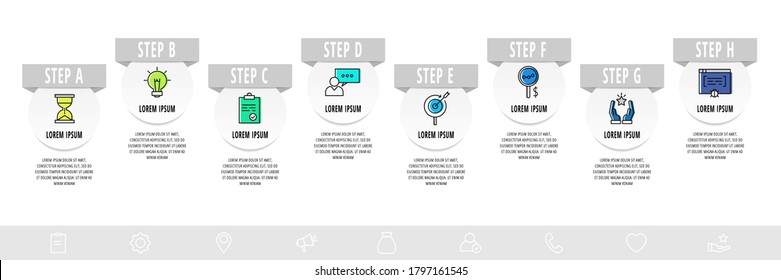 Infographics circles with 8 steps, labels. Line vector template. Can be used for diagram, banner, workflow layout, presentations, flow chart, info graph, timeline, content, levels