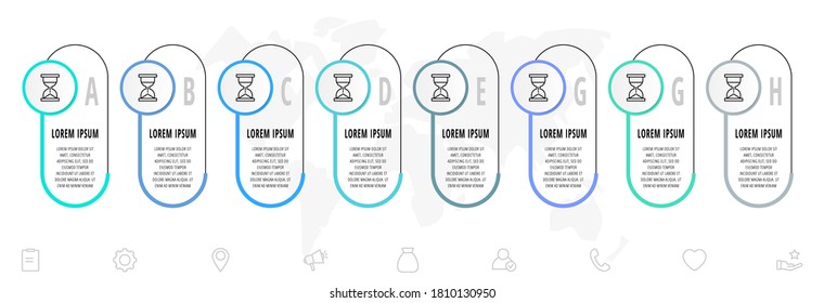 Infographics circles with 8 steps, labels. Line vector template. Can be used for diagram, banner, workflow layout, presentations, flow chart, info graph, timeline, content, levels
