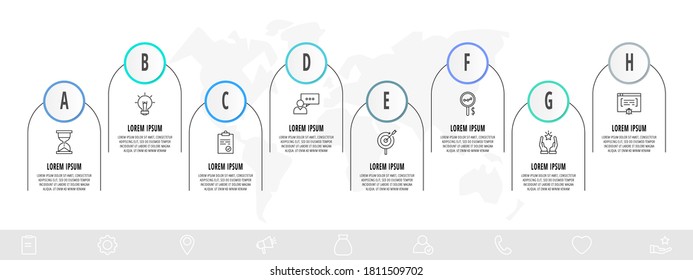 Infographics circles with 8 steps, labels. Line vector template. Can be used for diagram, banner, workflow layout, presentations, flow chart, info graph, timeline, content, levels