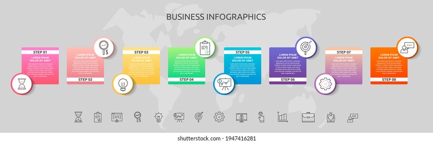 círculos infográficos con 8 pasos, cuadrados. Plantilla vectorial utilizada para diagrama, negocio, web, banner, diseño de flujo de trabajo, presentaciones, diagrama de flujo, gráfico de información, línea de tiempo, contenido, niveles, diagrama de procesos