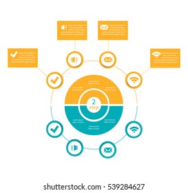 Infographics as circles, diagrams divided into 2 parts, steps, with symbols and space for text for web design, presentations, business