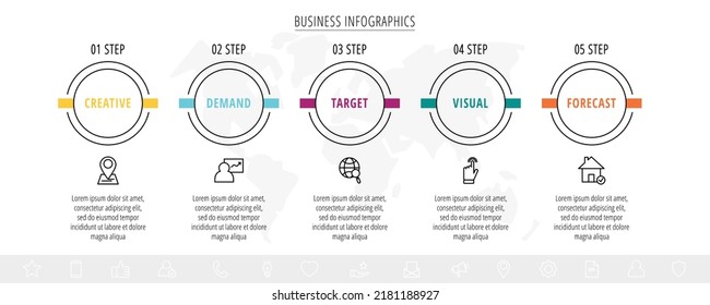 Infographics circles with icons. Line vector business concept of 5 steps by step, options, squares. Template with five ways for diagram, web, banner, presentations, flowchart, content, levels, chart