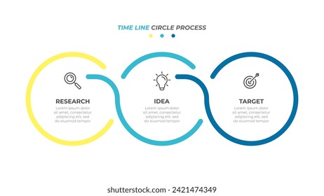 Infografiken kreisen Zeitstrahl Prozess mit 3 Schritten, Optionen. Vektorgrafik-Vorlage.