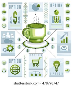 Infographics circular concept with cup of tee or coffee, 3d drawing info presentation idea, vector illustration.
