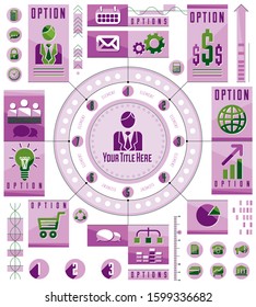 Infographics circular concept with lot of elements, circle divided with sectors and lines, vector illustration.