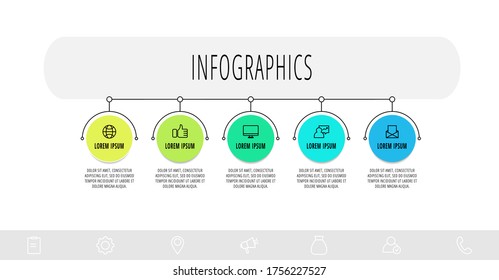 Circular de infografía con cinco pasos, partes, iconos. Plantilla vectorial plana. Se puede usar para diagrama, negocios, web, banner, presentaciones, diagrama de flujo, gráfico de información, línea de tiempo, contenido, niveles.