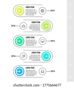 Infografik rund mit fünf Schritten, Teilen, Symbolen. Flache Vektorvorlage. Kann für Diagramm, Business, Web, Banner, Präsentationen, Flussdiagramm, Infografik, Timeline, Inhalt, Level verwendet werden.