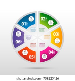 Infographics circular vector banner of 6 steps. Modern vector illustration with six steps pattern of balls, bubbles for business presentations, design, education, app.