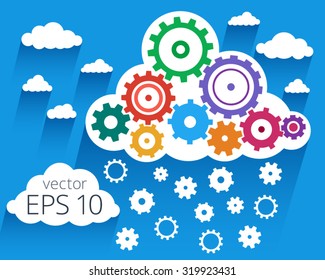 infographics cloud with gears vector illustration, cloud gears illustration on light blue sky background, snowing with gears, shadows, eps10 vector
