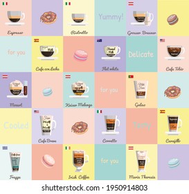 Infographics of coffee types and their preparation. A trendy menu for a coffee shop with delicious inscriptions. Coffee and country of origin. coffee card. kawaii style