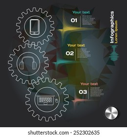 infographics with cogwheel, sound waves and devices on a dark background 