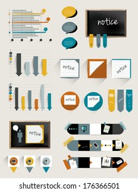 Infographics collection of charts, graphs, speech bubbles, notices, paper blocks, stickers, black board and flat icons. 