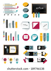 Infographics collection of charts, graphs, speech bubbles, notices, paper blocks, stickers, black board and flat icons. 