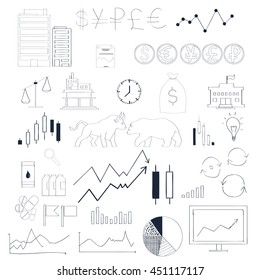 Infographics collection hand drawn doodle sketch. Business and stock market elements.