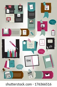 Infographics collection of speech bubbles, notices, paper blocks, stickers, folders and flat icons. 