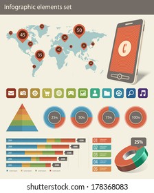 Infographics collection vector design elements. Arrows, graphs, charts, diagrams and world map.