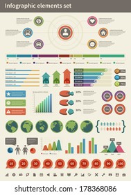 Infographics collection vector design elements. Arrows, graphs, charts, diagrams and world map.