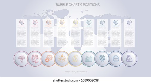 Infographics color bubble chart template for 9 positions to use for flowchart, workflow, banner, web, report, presentation
