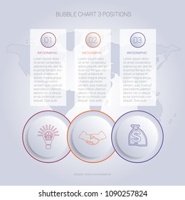 Infographics color bubble chart template for 3 positions to use for flowchart, workflow, banner, web, report, presentation