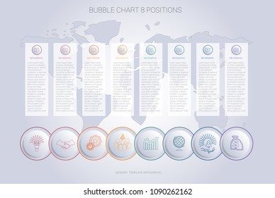 Infographics color bubble chart template for 8 positions to use for flowchart, workflow, banner, web, report, presentation