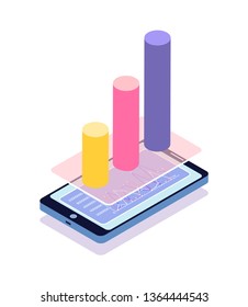 Infographics color in different colors vector. Smartphone with info chart showing frequency and optimization. Information displayed on cell screen