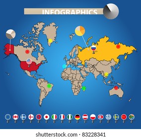 Infographics. Color earth map with flags of different countries, on blue