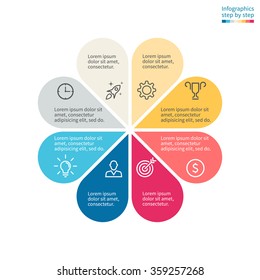 Infographics with colored petals. Diagram, chart with 8 steps, options, parts, processes. Vector business template in cream and orange, blue for presentation.