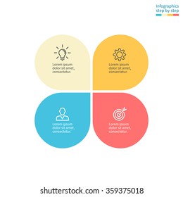 Infographics with colored petals. Diagram, chart with 4 steps, options, parts, processes. Vector business template in cream and orange, blue for presentation.