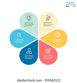 Infographics with colored petals. Diagram, chart with 6 steps, options, parts, processes with petals. Vector business template in cream and orange, blue for presentation.