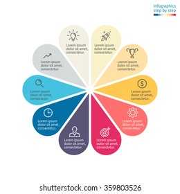 Infographics with colored petals. Diagram, chart with 10 steps, options, parts, processes. Vector business template in cream and orange, blue for presentation.