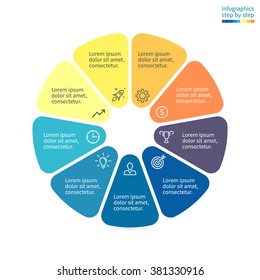 Infographics with colored sections. Business chart, graph, diagram with 9 steps, options, parts, processes. Vector business template in blue and yellow for presentation.