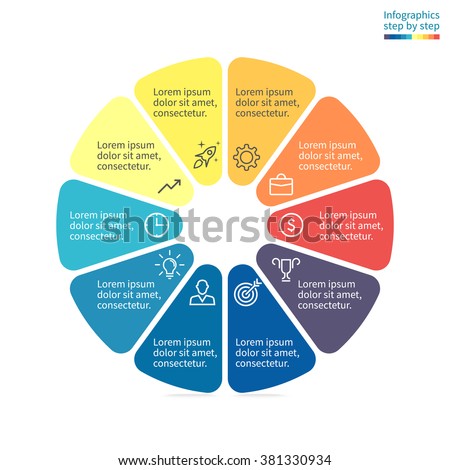 Infographics with colored sections. Business chart, graph, diagram with 10 steps, options, parts, processes. Vector business template in blue and yellow for presentation.