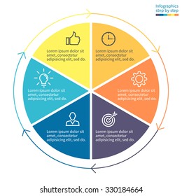 Infographics With Colored Sections. Flat Pie Chart With 6 Steps, Options, Parts, Processes With Arrows. Vector Business Template In Blue And Yellow For Presentation And Training.