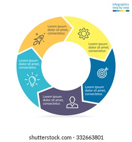 Infographics with colored sections. Flat pie chart with 5 steps, options, parts, processes with arrows. Vector business template in blue and yellow for presentation.