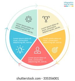 Infographics With Colored Sections. Flat Pie Chart With 5 Steps, Options, Parts, Processes With Thin Arrows. Vector Business Template.