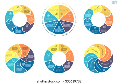 Infographics with colored sections. Flat pie charts, graphs, diagrams with 7 steps, options, parts, processes. Vector business templates in blue and yellow for presentation.