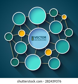 Infographics colorful circles and lines network scheme on dark blue background. RGB EPS 10 vector illustration