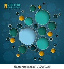 Infographics colorful circles scheme design on dark blue background. Green, blue and yellow circle shapes presentation flat syle template. RGB EPS10 vector illustration