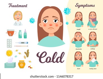 Infographics Of The Common Cold. Medical Poster. Symptoms Of The Disease, Treatment. Illustration Of A Cute Cartoon Girl.
