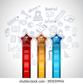 Infographics complex layout with option buttons and hand drawn sketch background for data and information analysis with a number of solutions available. Ideal for product presentation, item ranking.