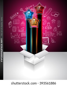 Infographics complex layout with option buttons and hand drawn sketch background for data and information analysis with a number of solutions available. Ideal for product presentation, item ranking.