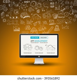 Infographics complex layout with option buttons and hand drawn sketch background for data and information analysis with a number of solutions available. Ideal for product presentation, item ranking.