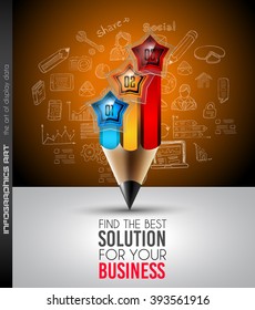 Infographics complex layout with option buttons and hand drawn sketch background for data and information analysis with a number of solutions available. Ideal for product presentation, item ranking.
