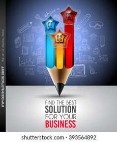 Infographics complex layout with option buttons and hand drawn sketch background for data and information analysis with a number of solutions available. Ideal for product presentation, item ranking.